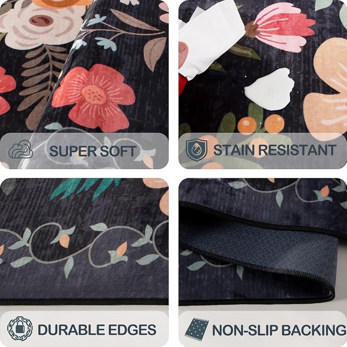Door Mat Indoor Entrance 2x3 Rug Non-Slip Bathroom Small Rugs Stain Resistant Washable Rug for Kitchen Vintage Floral Entry Rug Front Door Mat (2x3 Black)