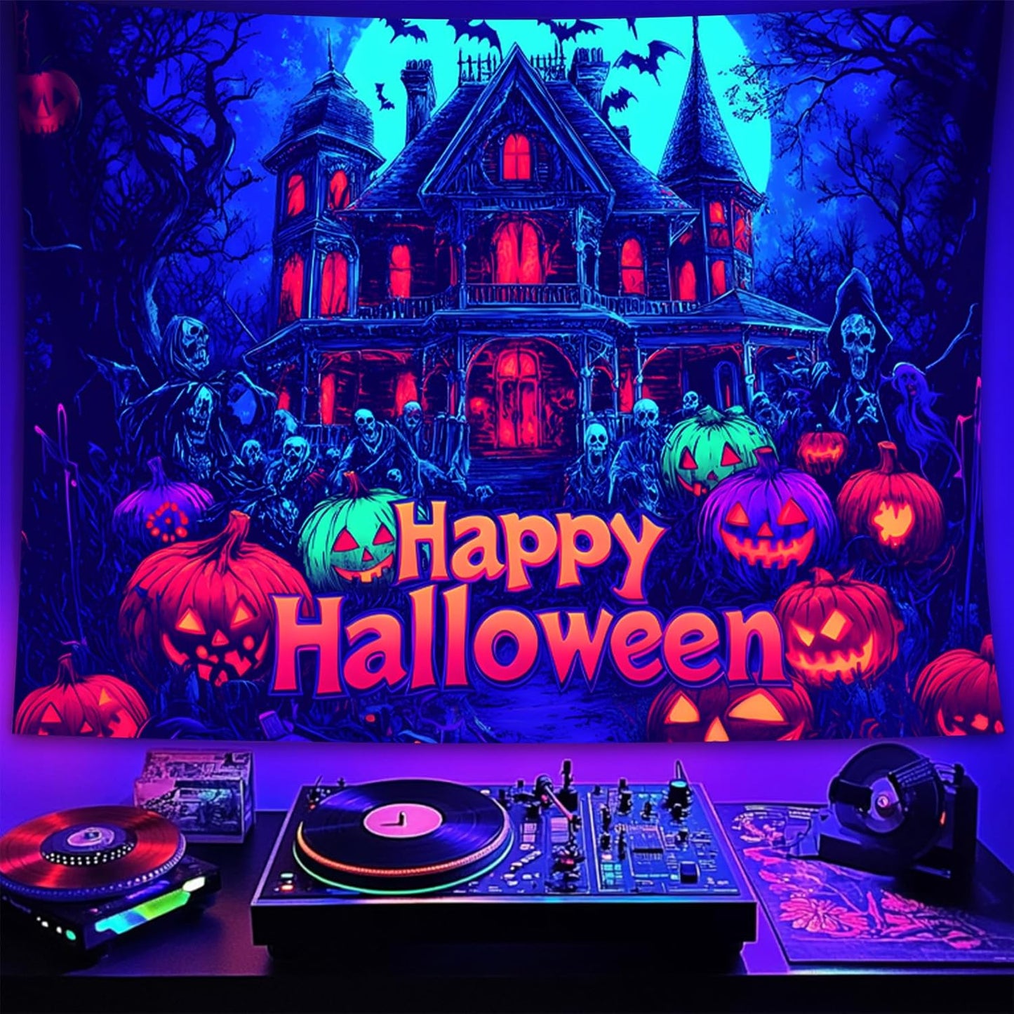 Halloween Tapestry, Blacklight Tapestry for Halloween Party Decor Hanging Tapestries Backdrop Wall Art Poster for Bedroom Dorm 79x59in