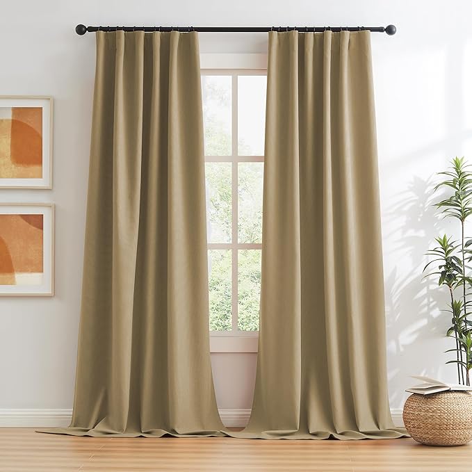 KEQIAOSUOCAI 90 Inch Burlap Natural Farmhouse Curtains Panels, Full Blackout Thermal Insulated Sound Proof Country Rustic Window Drapes for Living Room 2 Panels, W50 x L90 Inch, Tan Brown
