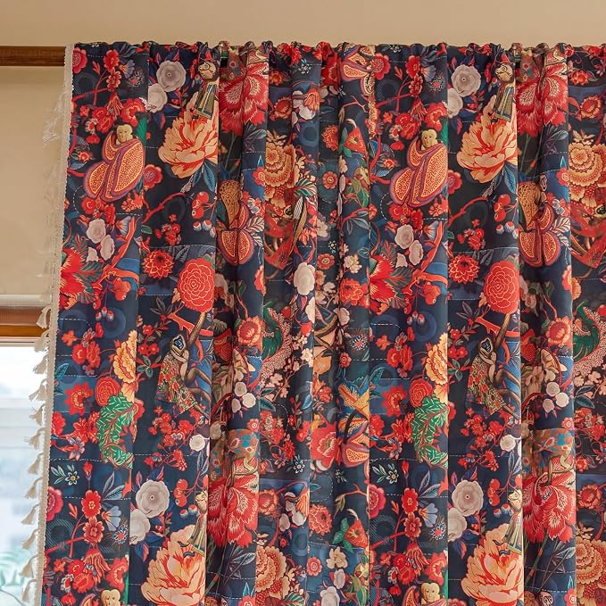 OYX Boho Floral Curtains 84 Inch, Linen Farmhouse Flower Drapes with Lace & Tassels, Light Filtering Semi Sheer Curtains for Living Room Bedroom, 2 Panels