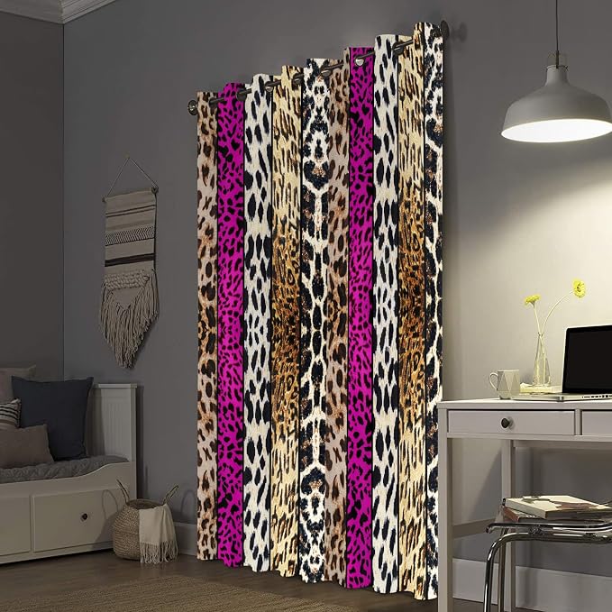Wild Animal Print Curtain, Room Darkening Thermal Insulated Blackout Leopard Boa Window Drapes with Grommets for Living, Dining, Bedroom, Hot Pink Leopard Print, 52"x 96", 2 Panels