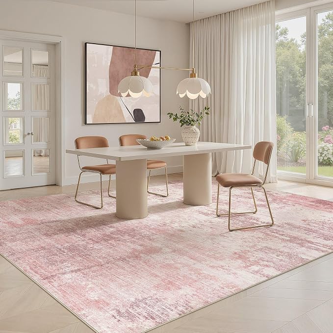 UERMEI 6x9 Area Rug Living Room Rugs - Washable Neutral Modern Abstract Soft Thin Large Rug Indoor Floor No Slip Rug Carpet for Bedroom Under Dining Table Home Office Decor - Pink