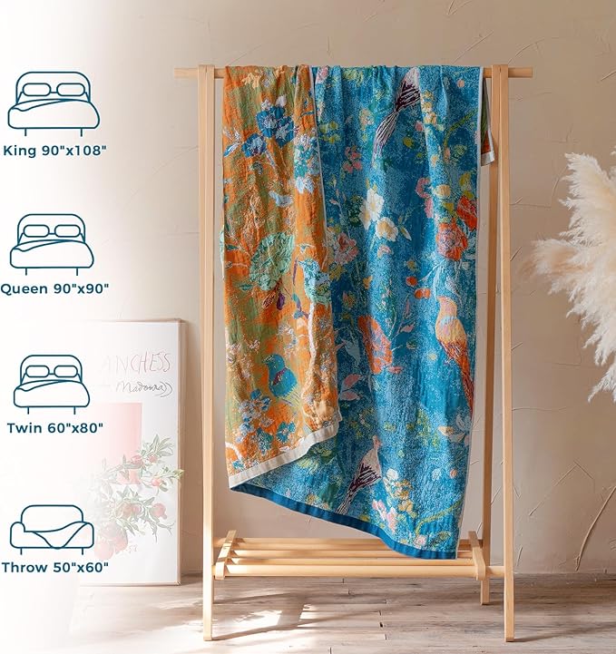 LUTBM Boho Throw Blanket for Couch Sofa Chair Cotton Spring Blankets for Bedroom Living Room All Season Lightweight Reversible Floral Birds Embroidery Throws 50"x60"