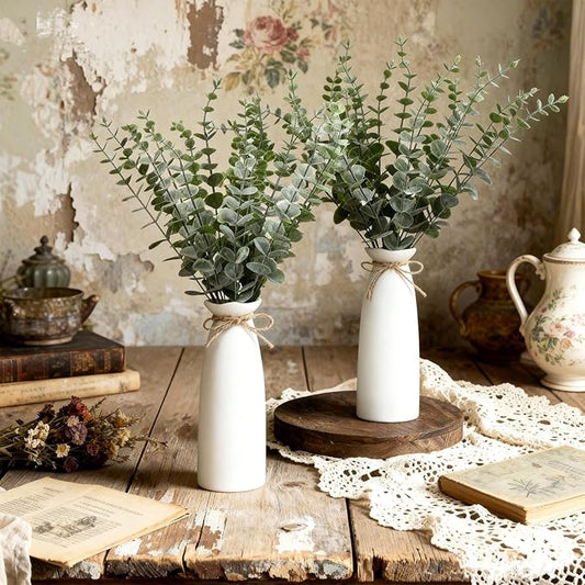 LemonRoad 2 Pack Artificial Eucalyptus Stem in White Ceramic Vase 19" Fake Greenery Plants for Home Decor 40 Pcs Modern Indoor Fake Eucalyptus Stem for Table Centerpiece Living Room Bathroom