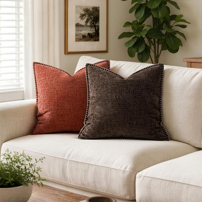 MIULEE Pack of 2 Couch Throw Pillow Covers 20x20 Inch Dark Brown Farmhouse Decorative Pillow Covers with Stitched Edge Taupe Soft Chenille Solid Dyed Pillow Covers for Sofa Bed Living Room