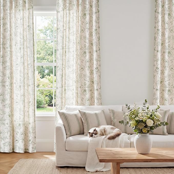 jinchan Floral Linen Curtains for Living Room 96 Inch Length Green Flower Curtain Rod Pocket Back Tab Farmhouse Curtains with Printed Floral Bedroom Window Curtain Set, 2 Panels Green