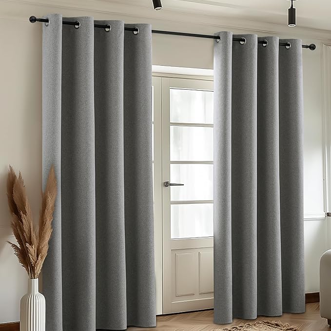COSVIYA 100% Blackout Dove Grey Linen Curtains & Drapes 96 Inch Length 2 Panels Set, Full Room Darkening Grommet Insulated Thermal Window Panels for Bedroom/Living Room,52x96 inches