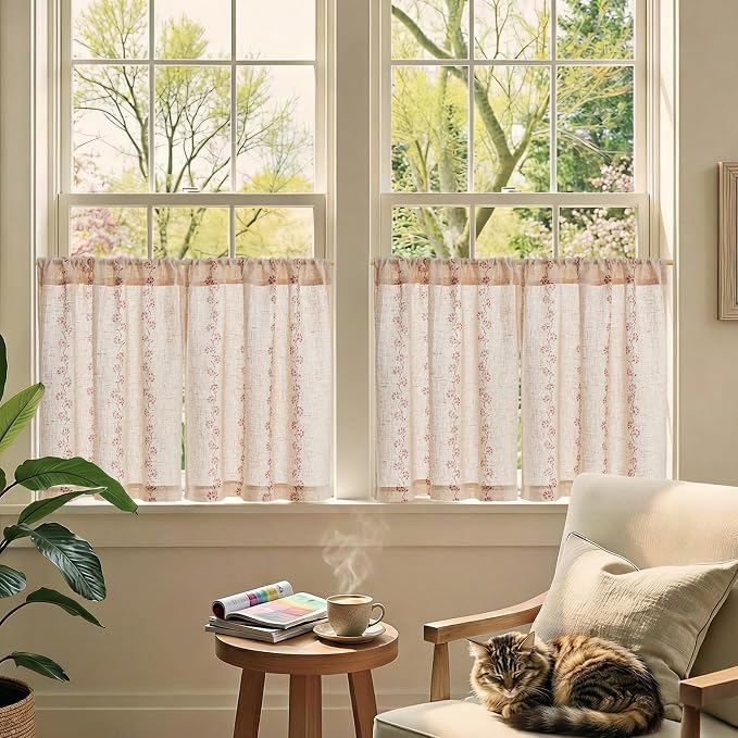 jinchan Katy Linen Floral Kitchen Curtains 24 Inches Length Stripe Cafe Curtains Farmhouse Cottagecore Tier Small Window Drapes for Living Room Light Filtering Rod Pocket 2 Panels Terracotta on Linen