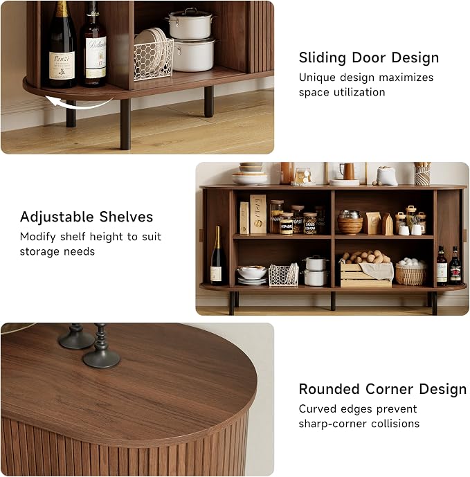 Buffet Sideboard Cabinet with Storage, 63" Fluted Cabinet with Sliding Door & Adjustable Shelf, Modern Accent Coffee Bar Console Table for Kitchen, Entryway, Walnut