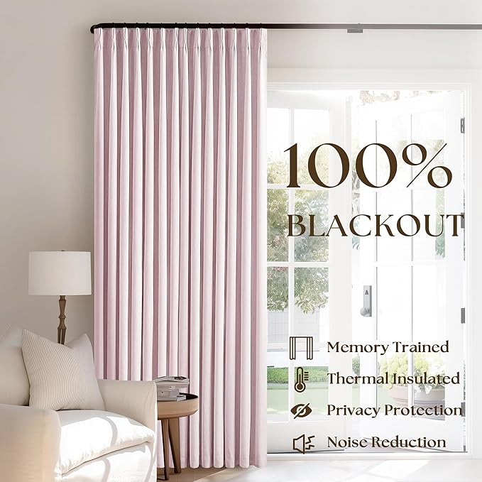 Pale Pink Linen Pinch Pleated Curtains 90 Inches Long Complete Blackout for Girls Bedroom Funky Cute Window Curtains Noise Heat Blocking Heavy Insulated Drapes Baby Pink Dusty Blush for Nursery