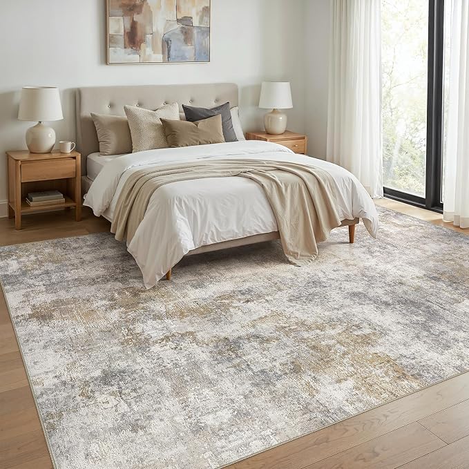 WITSHOCK Area Rugs 10x14 Living Room Rug - Washable Neutral Soft Low Pile Non-Slip Modern Abstract Thin Large Indoor Carpet for Bedroom Dining Room Nursery Office - Light Brown Grey