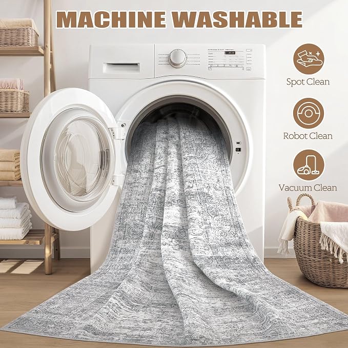 DMOYEST 2x3 Entryway Area Rug: Washable Neutral Modern Abstract Small Rug - Non-Slip Low Pile Throw Indoor Carpet for Entrance Kitchen Front Door Mat Bathroom Entry Kids Room - Vintage Grey