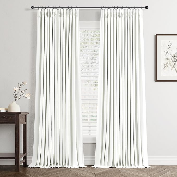 Off White Pinch Pleated Linen Blackout Curtains 90 Inches Long for Bedroom Living Room 2 Panels Set, Darkening Thermal Insulated Dual Layer Boho Neutral Pinch Pleat Hooks Rings Track System Curtain