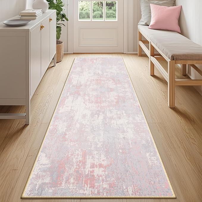 RELEANY Washable Area Rugs 2'x6' Non-Slip Modern Abstract Soft for Living Room Entryway Bedroom Kitchen, Print Pattern, Grey Pink