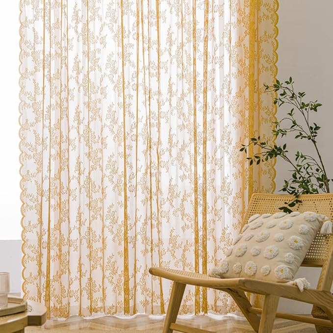 Sutuo Home Gold Lace Curtains Set of 2, Sheer Panels 72 Inch Length Floral Embroidery Vintage Voile Window Treatment Pair for Bedroom Living Room Kitchen, Shabby Chic Decor Rod Pocket, W57 x L72