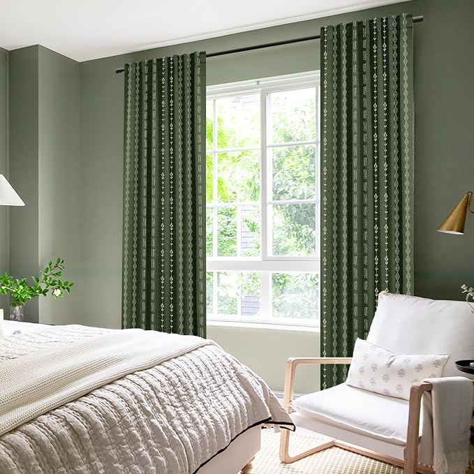 Lino Rosa Olive Green Patterned Black Out Curtains 96 Inch Long 2 Panel Set, Boho Thermal Insulated Blackout Heat Blocking Drapes for Summer Heat, Dark Moss