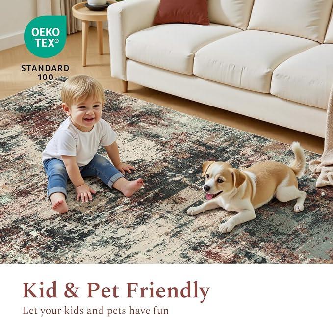 Rugflix 9x12 Area Rugs for Living Room, Washable Large Rug Stain-Resistant Low Pile, Modern Carpet for Dining Room Home Office Kid Room Nursery Bedroom, Rust