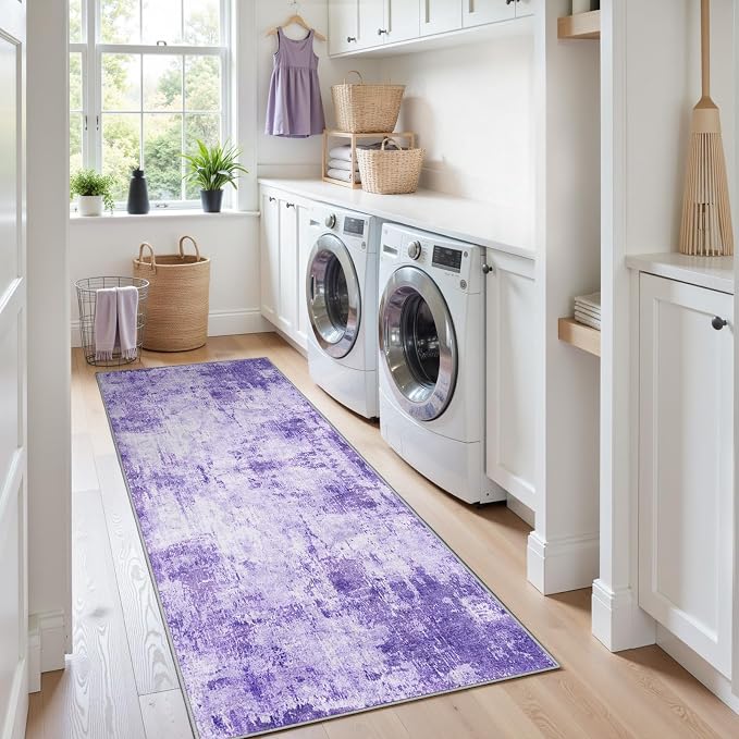 RELEANY Washable Area Rugs 2'x8' Non-Slip Modern Abstract Soft for Living Room Entryway Bedroom Kitchen, Print Pattern, Purple Gray Pink White