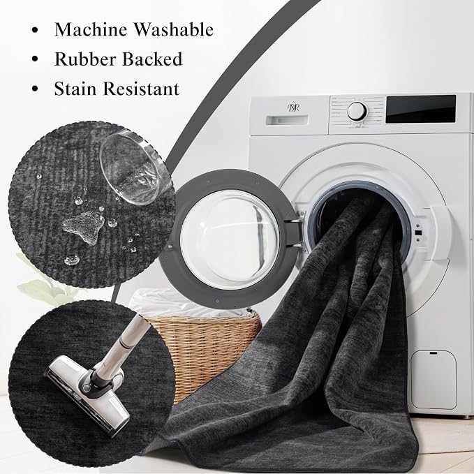 5x7 Washable Area Rug, Black Solid Area Rugs for Living Room & Bedroom | Stain-resistant & Non-slip backing,Low Pile Washable Large Carpet, Solid Vintage Style For High Traffic Areas(5x7,Black)