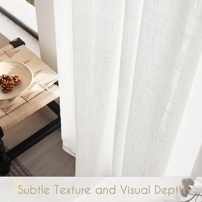 White Curtains 96 Inches Long 2 Panels Back Tab Light Filtering Cotton Textured Curtain Modern Farmhouse Coastal Decor Off White Linen Drapes for Patio Sliding Door Office Bedroom