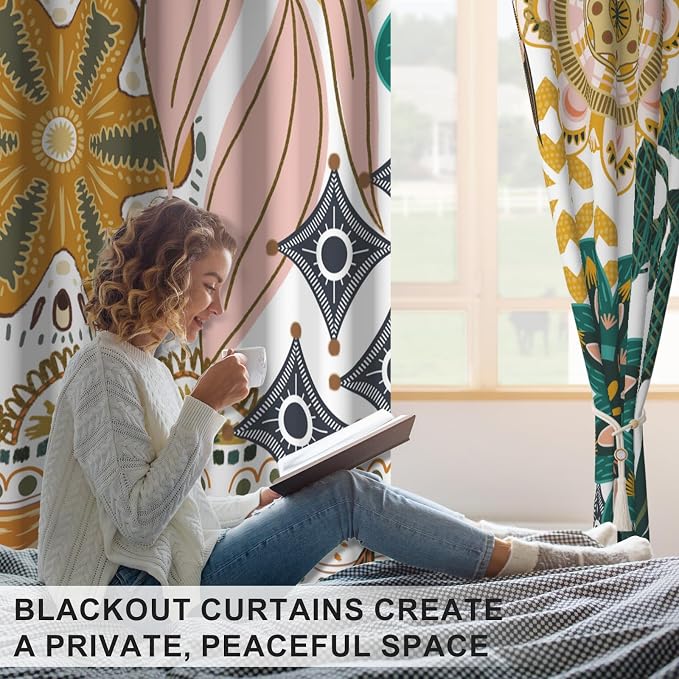 Boho Blackout Curtains for Bedroom Living Room, Vintage Floral Black Out Curtains 84 Inch Length 2 Panels Set with Curtain Tiebacks, Thermal Insulated Soundproof Grommet Darkening Drapes for Spring