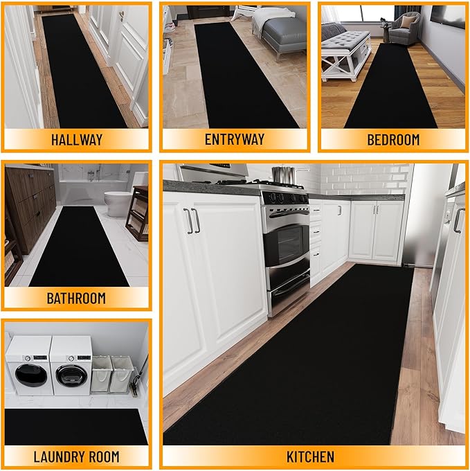 Ottomanson Aisle Runner Rug – Non-Slip Low Pile Carpet Runner for Long Hallways & Corridors, Stain Resistant & Easy to Clean, Solid Black, 2'7" x 39'