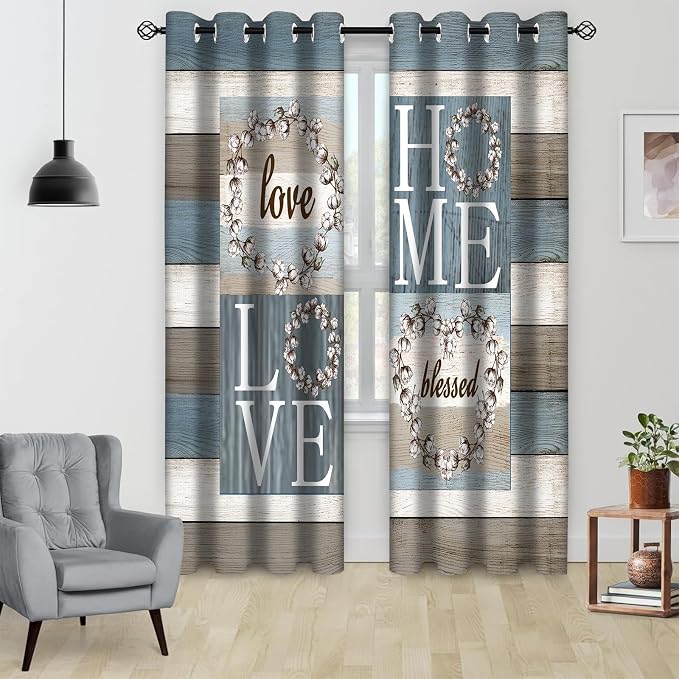 Rustic Floral Flower Sweet Love Home Blackout Curtains, Farmhouse Country Vintage Wood Plank Door Grommet Window Drapes for Living Room Bedroom Decor 2 Panels 52"x96" Inch
