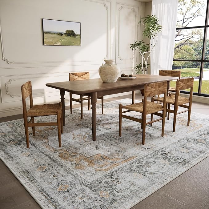 Area Rugs 9x12 Living Room: Washable Rug Non Slip Low Pile Soft Faux Wool Non Shedding Distressed Vintage Boho Large Area Rugs for Bedroom Dining Room Kitchen Nursery Under Table Farmhouse Home Office