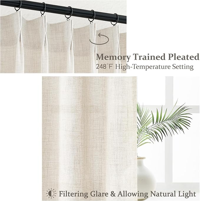 Natural Linen Blend Semi Sheer Curtains 94 Inches Length 2 Panels Set for Nursery Room, Pinch Pleated Light Filtering Ceiling Track System Curtain with Hooks for Bedroom 40 x 94 Inch Length Windows
