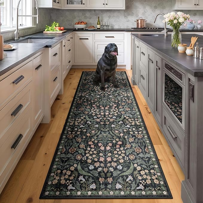 2x6 Machine Washable Runner Rug, Kitchen Hallway Area Rug Black Vintage Boho Floral Non-Slip Low Pile Soft Faux Wool Carpet Kids and Pets Friendly for Bedroom Entryway Nursery Home Decor Rug