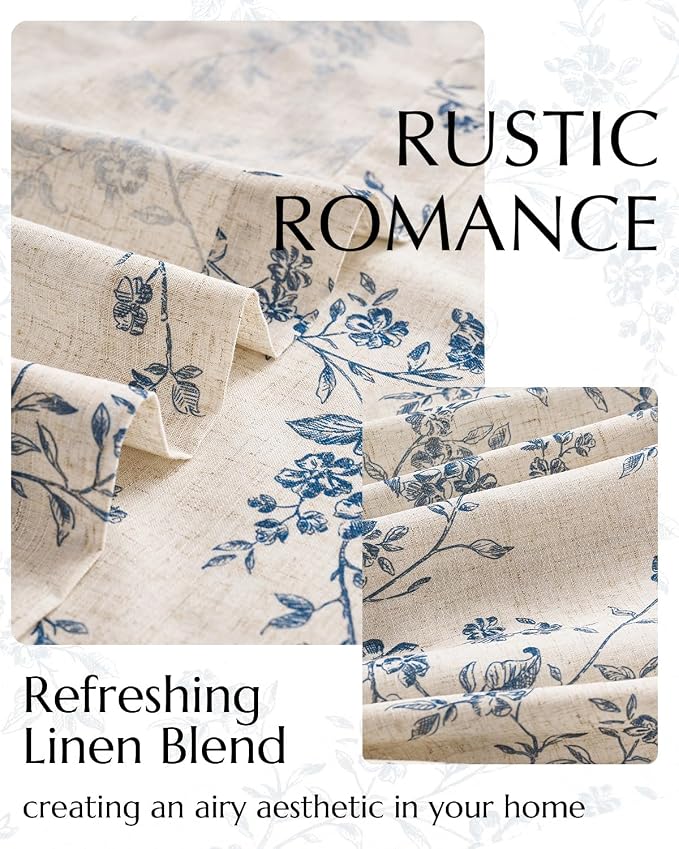 jinchan Blue Floral Linen Curtains 90 Inch French Country Back Tab 2 Panels | Flower patterned drapes, farmhouse, printed, light filtering, bedroom, living room, kitchen, window treatment, rod pocket