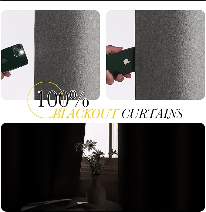 NICETOWN Grey Faux Linen Full Shade Panels for Living Room, 52" Wide x 90" Long, Pair of Thermal Insulated & Energy Efficiency Blackout Curtains for Bedroom/Living Room, Firm-Weave Window Dressing