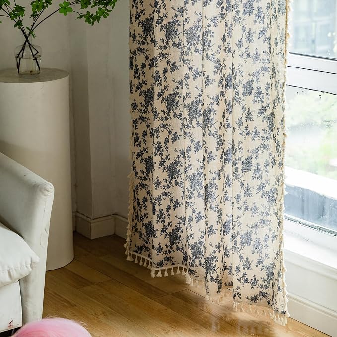 OYX Boho Blue Floral Curtains 96 Inch, Linen Farmhouse Toile Rose Drapes with Tassels, Light Filtering Semi Sheer Curtains for Living Room Bedroom, 2 Panels, Rod Pocket, 52Wx96L