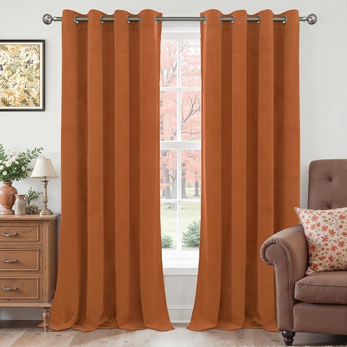 YoungsTex Burnt Orange Velvet Curtains for Living Room 84 Inches Long, Fall Blackout Drapes Thermal Insulated with Grommet Privacy for Dining Bedroom, 2 Panels, 52 X 84 Inch