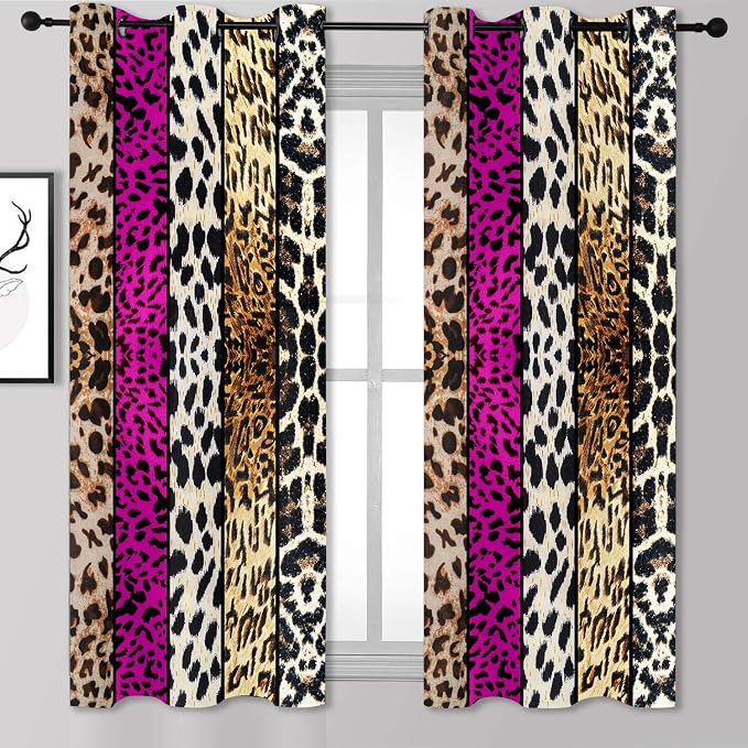 Wild Animal Print Curtain, Room Darkening Thermal Insulated Blackout Leopard Boa Window Drapes with Grommets for Living, Dining, Bedroom, Hot Pink Leopard Print, 42"x 63", 2 Panels