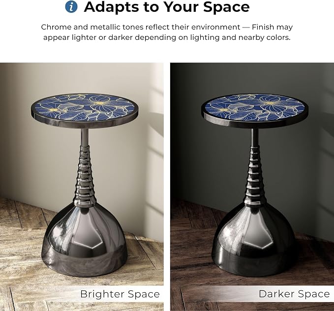 Homes: Inside + Out Halric Modern 24" Tall Round End Table with Decorated Tabletop and Iron Metal Base, Accent Furniture, Elegant Pedestal Stand for Living Room, Home Office, Black with Floral Print