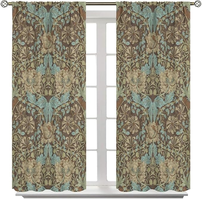 Retro Bohemian William Morris Plant Floral Blackout Curtains, Abstract Vintage Country Floral Leaf Pattern Window Drapes, for Living Room Bedroom 21(W)*45(L) 2 Panels
