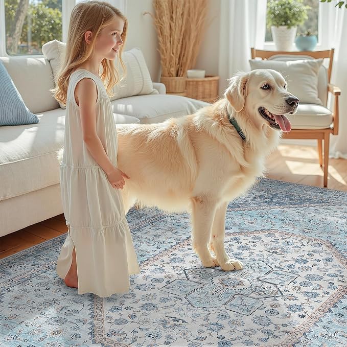DCX Machine Washable Blue and Beige Area Rug 6x9, Non Slip Stain Resistant Vintage Floral Rug for Living Room Bedroom Nursery, Soft Low Pile Large Carpet