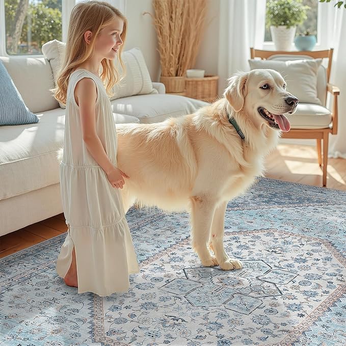 DCX Machine Washable Blue and Beige 3x5 Area Rug, Non Slip Stain Resistant Vintage Floral Rug for Kitchen Bathroom Front Door Throw Rugs Indoor, Soft Low Pile Small Rugs for Entry