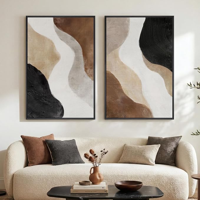 Large Framed Neutral Abstract Wall Art Set of 2 for Living Room, Brown Black White Minimalist Print Canvas Artwork for Walls, Contemporary Mid Century Modern Wall Decor for Bedroom Office, 24x36 In