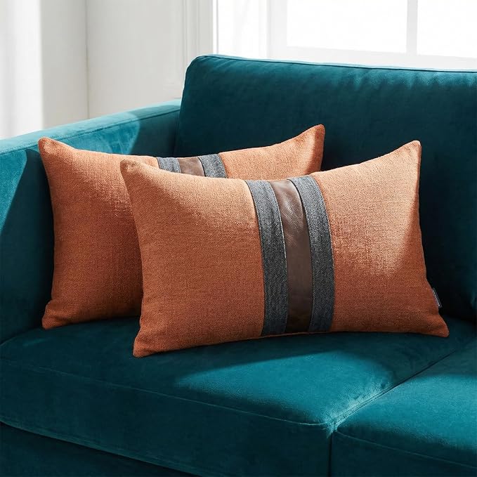 Set of 2 Leather Throw Pillow Covers Lumbar Cotton Linen Decor Patchwork Pillow Cover Faux Leather Pillows Cover for Couch Sofa Living Room Bedroom,Orange 12"x20"