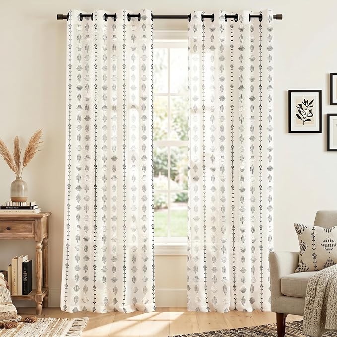 Farmhouse Curtains for Living Room, Striped Linen Cream and Black Pattern Modern Farm House Curtains for Dining Room Bedroom 84 Inch Long 2 Panels Set