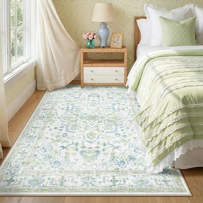 CAPALOCA Machine Washable Rugs Nursery Rug 5x7 Cute Girl Non Slip Low Pile Water Repellent Soft Print Pattern for Bedroom Indoor Decor Kids Playroom Green Blue