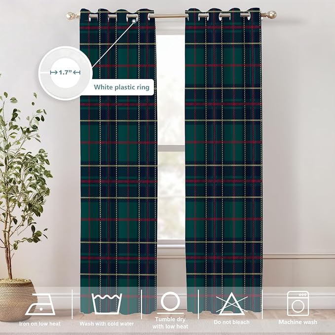 Shrahala Tartan Plaid Blackout Window Curtains, Green Scottish Fabric Kilt Twill Woven Thermal Insulated Curtains Grommet Top Window Drapes for Living Room, Bedroom (2 Panels,52 x 84 in)