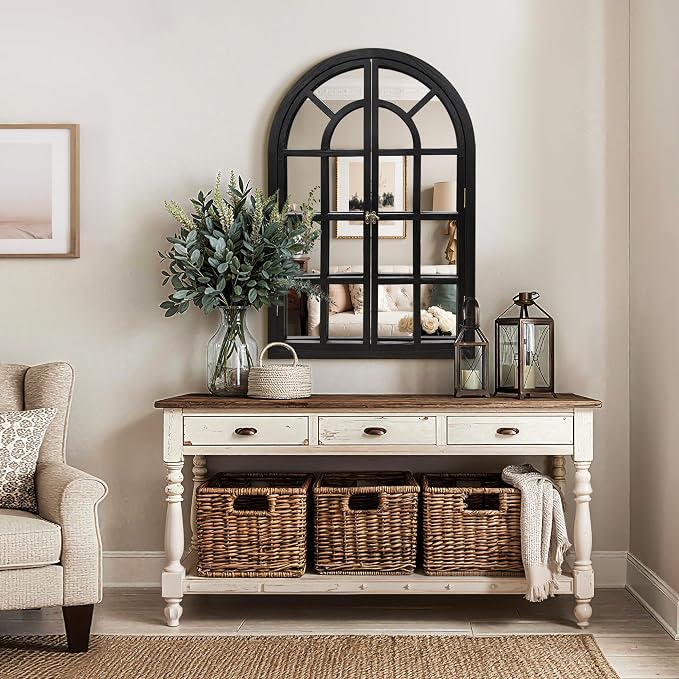 Arched Window Mirrors for Wall, Wooden Rustic Farmhouse Mirror for Wall Decor 24 x 36 Black, Decorative Wall Mirror Arch for Living Room, Bedroom, Bathroom, Fireplace, Farmhouse