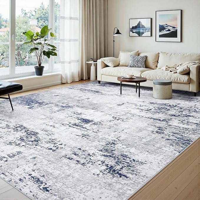 Area Rugs 10x14 Living Room: Large Modern Abstract Washable Rug Soft Anti-Skid Non-Shedding Carpet Indoor Floor Thin Carpets for Bedroom Dining Room Farmhouse Nursery Home Office Night Blue Grey
