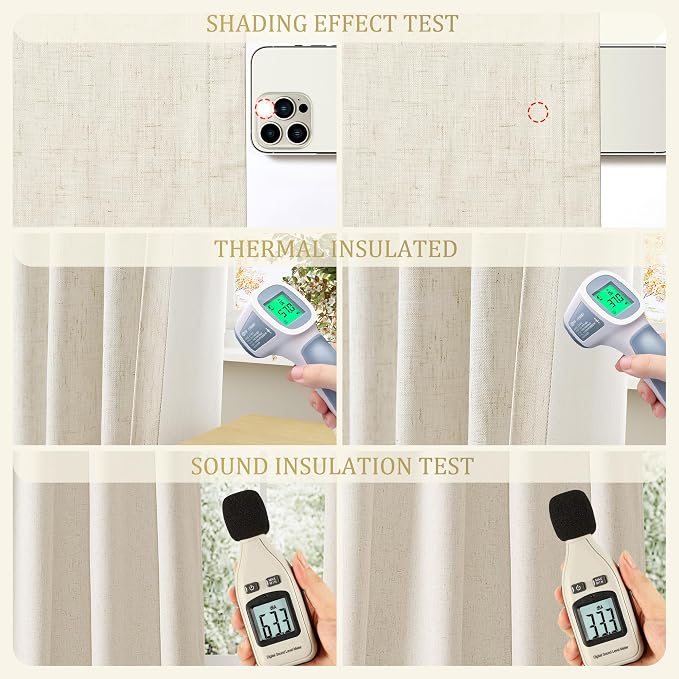 Jowels Beige Linen Blackout Curtains 63 Length 2 Panels Set for Living Room Bedroom, 100% Black Out Thermal Insulated Linen Drapes, Room Darkening Grommet Curtains 63 Inches Long