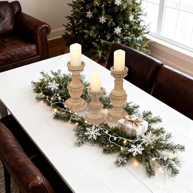 Farmhouse Wooden Candle Holders for Pillar Candles, Set of 3 Vintage Wooden Beaded Candle Holder, Tall Candle Stand Decorative for Living Room, Table Centerpiece (Natural)
