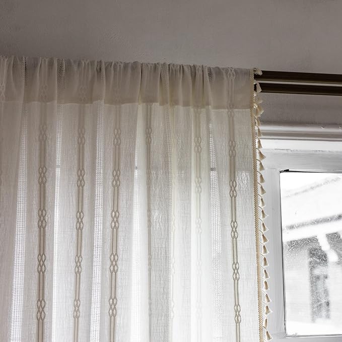 Boho Curtains Embroidery Linen Curtains 108 Inches Long 2 Pannels for Bedroom Off White Country Farmhouse Curtains Light Filtering Curtains for Living Room Rod Pocket Drapes(52" W x 108" L,White)