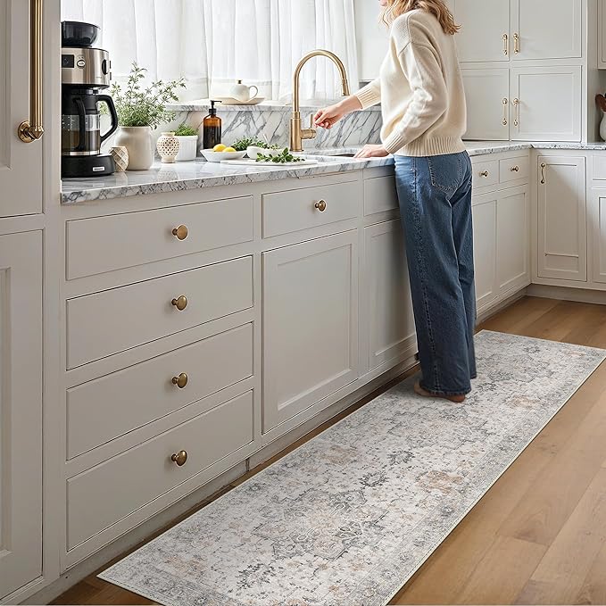 GENIMO 2x7 Area Rugs for Living Room, Machine Washable Non Slip Vintage Retro Rugs, Low Pile Lightweight Print Rug for Bedroom, Dining Room, Home Office, Light Taupe Brown